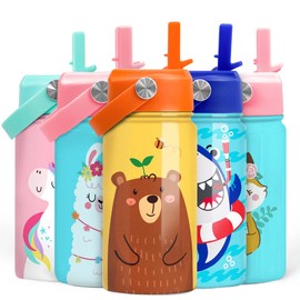 SANDJEST Bear Water Bottle - Kids Water Bottle with Straw Lid - 12 Oz Insulated Stainless Steel Water Bottles for Toddlers Kid Boys - Travel Cup for School Sports