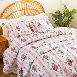 Cmfshape Floral Stripe Quilt Set Queen Size,3-Pieces Lightweight Microfiber Bedspread Coverlet,All-Season Pink Quilted Bedding,Reversible Quilt Bedding Set with 2 Shams,90x90