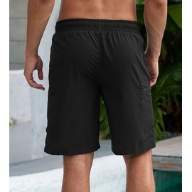 SHEKINI Mens 9 Inch Swim Shorts Zipper Cargo Pockets Quick Dry Board Shorts Swim Trunks with Compression Liner Bathing Suit Black
