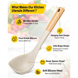Silicone Soup Ladle and Spaghetti Spoon Set with Wooden Handle, Non Stick Heat Resistant Kitchen Utensils for Cooking, Stirring, Serving Pasta, Soup & Sauce(KHAKI)