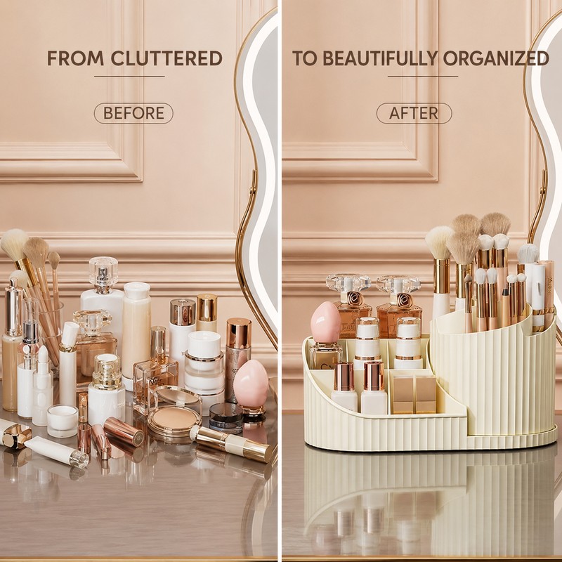 360° Rotating Makeup Organizer with Brush Holder, Acrylic Vanity Cosmetic
