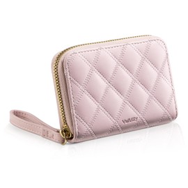 Vulkitty RFID Credit Card Holder Womens Card Case Compact Zipper Wallet, Leather, Quilted Pattern, Rose