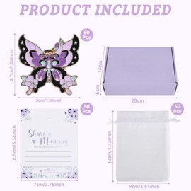 Cenoz 50 Sets Funeral Favors Brooch for Guests - Purple Butterfly Pins with Custom Memorial Cards & Pearl Organza Bags, Bulk funeral gifts, Celebration of Life Decorations, Memorial Gifts