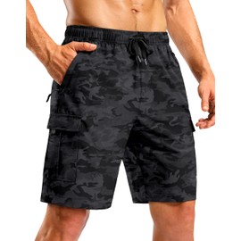 Pudolla Men's Hiking Cargo Shorts with 5 Pockets Lightweight 9" Outdoor Work Casual Shorts for Men Travel Fishing (Black Camo M)