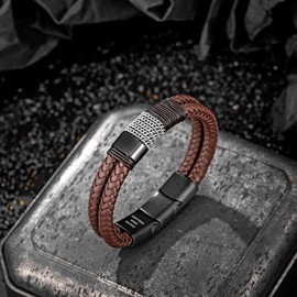 murtoo Men's Premium Leather Bracelet in Black and Brown, Magnetic Clasp Made of Stainless Steel, Great Gift Idea for Men, Stainless Steel, No Gemstone