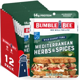 Bumble Bee Mediterranean Herbs & Spices Seasoned Tuna, 2.5 oz Pouches (Pack of 12) - Ready to Eat - Wild Caught Tuna Packet - 14g Protein per Serving - Gluten Free