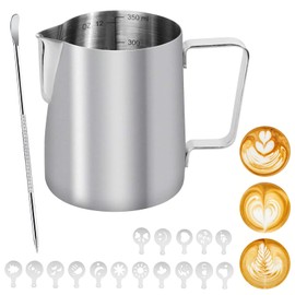 Milk Frothing Jug, 350ml/12oz 304 Stainless Steel Milk Frothing Pitcher Milk Jug with Latte Art Pen & 16 Coffee Stencils, Inner Scale Line Design Metal Frothing Jug for Coffee Cappuccino Espresso