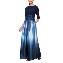 S.L. Fashions Women's Long Satin Mother of The Bride Dress with Pockets, Formal Party Gown (Petite and Regular Sizes), Navy and Wedgewood, 12P