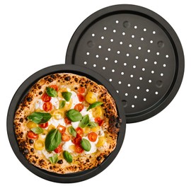 Muulaii 2 Pack Nonstick Carbon Steel Pizza Pan with Holes and Molded Feet, Round Pizza Baking Pans Pizza Tray for Oven Restaurants and Homemade Oven Baking Supplies- 14 Inch
