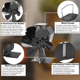 Wood Stove Fan Heat Powered, 6-Blade Thermoelectric Non-Electric Silent Operation Aluminum Fireplace Fan With Bracket Fixed On Propane Heater For Pellet Stoves Camping/Picnics/Indoor/Outdoor Black