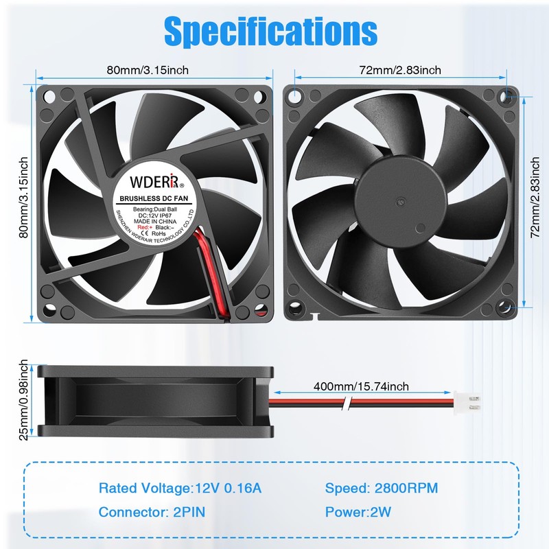 WDERAIR 80mm x 25mm 12V IP67 Waterproof DC Cooling Fan
