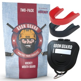 Goon Guard - Protector bucal de hockey sin tirantes - Protector bucal de hockey para adultos y aparatos ortopédicos: 2 veces la absorción de impactos, fabricado en los Estados Unidos, funda incluida (disco negro y rojo claro)