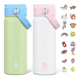 GoKEDA 18oz Kids Water Bottle, 2 Pack Insulated Bottles with Stickers, 18/8 Stainless Steel Vacuum Leak Proof Straw Cup for School, Gifts for Boys Girls(White+Green)