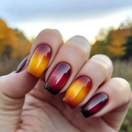 Glossy Yellow Gradient Acrylic Fake Nail Thanksgiving Medium Square False Nails Maple Leaf Press on Nails 24Pcs Fall Stick on Fingernails Autumn Red Ombre Gel Glue on Nail for Coquette Women Girls