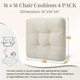Basic Beyond Chair Cushions for Dining Chairs, Non-Slip Chair Pads for Dining Chairs, Thick Seat Cushions for Dining Room Chairs, Kitchen Chair Cushions Set of 4, 16" x 16" x 4", Beige