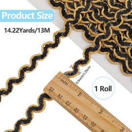CABODYALS 13M Black Sequin Strip Gold Edging Wavy Ribbon Sparkle Flat Paillette Scroll Braid Lace Trim Glitter Metallic Polyester Ribbons for Sewing Making Party Birthday Decor Diy Craft Gift Wrapping