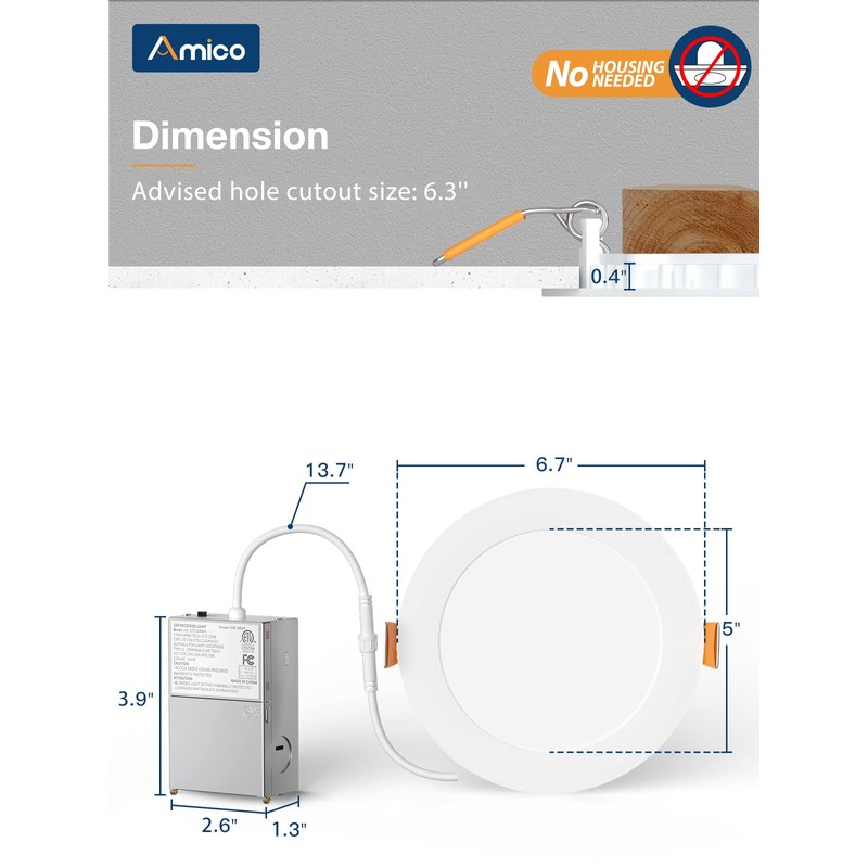 Amico 1 Pack 6 Inch 5CCT Ultra-Thin LED Recessed Ceiling