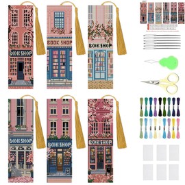 KYOQFVN 6 Pack Book Store Cross Stitch Bookmark, Cross Stitch Bookmarks Kit for Beginners Adults, 14CT Embroidery Bookmark Kit for Book Lovers Starter Craft 6 x 20cm