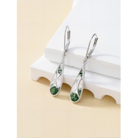 HPQQ Moss Agate Earrings for Women 925 Sterling Silver Dangle Leverback Earring Jewelry Birthday Christmas Gifts for Women Her