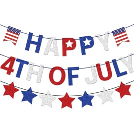 ﻿Happy 4th of July Banner Red White Blue Glitter 4th of July Banner and Star Patriotic Garland for America Independence Day Fourth of July Party Decorations