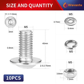 10Pcs M5 x 40 mm Bolt Flanged Button Head Socket Cap Bolt Screws, Nuts and Bolts 304 Stainless Steel, Allen Screws, Flat & Lock Washers, Nuts and Bolts Assortment Kit by Wavanta