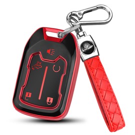 FT FUNTOR 5 Buttons Key Fob Cover with Leather Keychain for GMC, Premium TPU Case for Acadia, Tahoe, Terrain, Sierra, Silverado, 2500HD, 3500HD (Red)