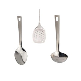 Kitchen Utensils Set Stainless Steel Serving Spoons Utensil Includes A Spoon A Ladle and A Strainer Cooking Tools Multiuses Skimmer Slotted Tool Cookware Spatula with Hanging Hole Silver (Set of 3)