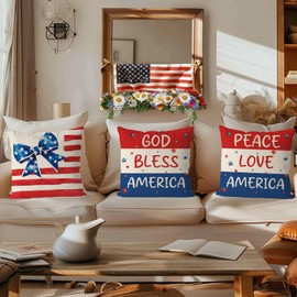 QIONG MENG 4th of July Pillow Covers 18x18 Inch Set of 4 Bow Ice Cream Patriotic Throw Pillowcase USA Stripe Star Independence Memorial Day Cushion Case for Home Sofa Farmhouse Decorations