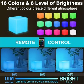4-In LED Cube Night Light, Cordless LED Light Cubes for Kids, RGB Color Changing Tesseract Cosmic Cube Mood Lamp w/Remote, Rechargeable Square Bedside Lamp Nursery Light for Bedroom Garden Party Decor