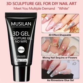 MUSILAN 3D Nail Gel Art - 30g White Nail Sculpting Gel for Nails Tips,Molding, Drawing, Nail Charms & Gems, Chrome Powder and Rhinestone Design No Wipe, UV Curing Needed Salon & DIY Use