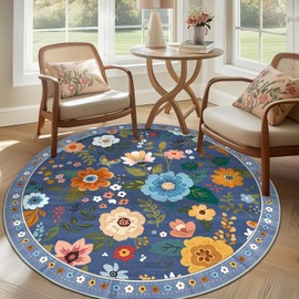 RELEANY Floral 6ft Area Rug Machine Washable Soft Print Boho Carpet Non Slip Doormat Low Pile Flower Area Rugs for Living Room Bedroom Nursery Kitchen Dining Room Indoor-Grey/Blue