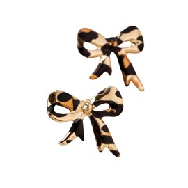 Leopard Print Bow Earrings, Gold Tone Metal, Fashion Jewelry, 2-Piece Set, Small, Acrylic, No Gemstone
