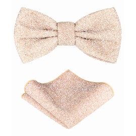 TIE G Men's Glitter Velvet Bow Tie + Pocket Square Set in Gift Box for Wedding, Party : Glittering Effects, Unisex Design (Twinkling Blush)