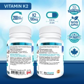 Vitamin K2 MK-7 100 mcg. 200-Day Supply of K2 Vitamin Supplement (200 Veggie Vitamin K Capsules, MK7 Form)