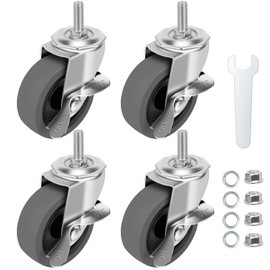 WHARSTM Caster Wheels, 3" Locking Swivel Stem Casters Set of 4, 3/8"-16 x 1 (Screw Diameter 3/8", Length 1") Rubber Casters with 360 Degree No Noise Wheels for Furniture