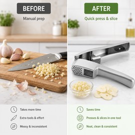 2-in-1 Garlic Press & Slicer for Kitchen Prep – Zinc Alloy Ginger Mincer Tool for Home Cooking