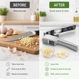 2-in-1 Garlic Press & Slicer for Kitchen Prep – Zinc Alloy Ginger Mincer Tool for Home Cooking