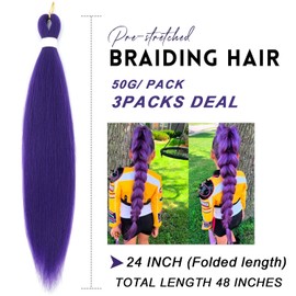 Purple Braiding Hair Extensions 24 Inch Pre Stretched Synthetic purple hair extensions for Braids Hair Style Wig Halloween Costume Cosplay (Purple, 24 Inch (Packs of 3))