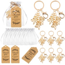 Ecation 20 Set Tulip Flower Keychain Party Favors Set Steel Tulip Keyring Gold Flower Charm Aesthetic Accessories Souvenir Present with Kraft Tags and Organza Bag for Guests Wedding Gift