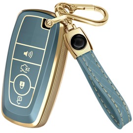 for Ford Explorer Key Fob Cover and Leather Keychain, 4 Buttons Key Case for Bronco, Edge, Escape, Expedition, Fusion, Mustang - 2018-2025 Keyfob Cover for M3N-A2C93142300 - Blue and Gold