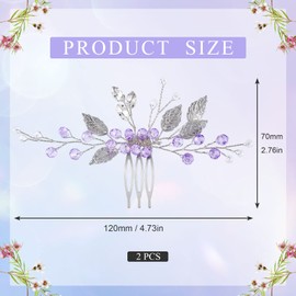 PAGOW 2PCS Leaf Hair Combs, Purple Rhinestone Hair Comb Clips, Hair Side Comb Clips, Crystal Wedding Headpiece Accessories For Women, Girls, Bride, Bridesmaid (4.73 x 2.76 inch)