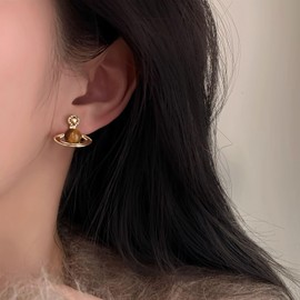 Adorable Saturn Stud Earrings Planet Charms Gold-Tone with Brown Crystal Orb Dangle for Women Space Enthusiasts Statement Jewelry Gifts (Brown)