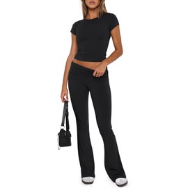 REORIA Women's Summer Casual Outfits Pajama Sets Crew Neck Short Sleeve Crop Top Fold Over Flare Pants Y2K Soft 2 Piece matching Lounge Sets Black Large