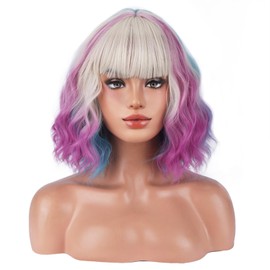 BERON Women Rainbow Short Curly Wavy Wig with Bangs Colorful Curly Bob Girls Hair Heat Resistant Synthetic Wigs for Cosplay Costume Party or Daily