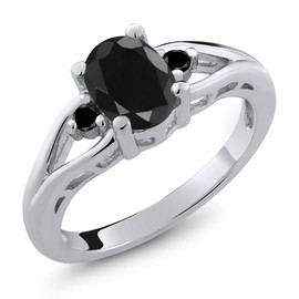 Gem Stone King 925 Sterling Silver Black Sapphire and Black Diamond 3 Stone Engagement Ring For Women | 1.73 Cttw | Oval 8X6MM | Round 2MM | Gemstone September Birthstone | Size 6