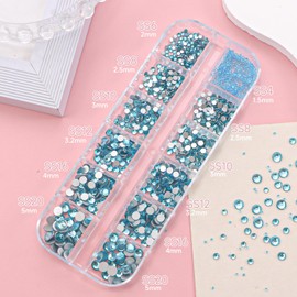 Lake Blue Crystals Nail Rhinestones, Round Beads Flatback Glass Gems Stones Multi Shapes Sizes Blue Rhinestones Gems Crystals for Nail DIY Crafts Clothes Shoes Jewelry