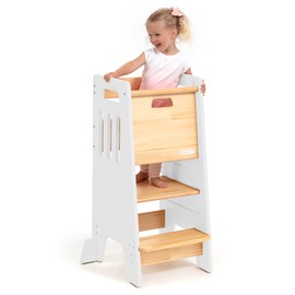 OCODILE Toddler Tower with a Sliding Door and 3 Adjustable Heights - Complete Toddler Kitchen Stool Helper with Support Feet - Safe Design for 18+ Months to 6-Year-Old Kids - White