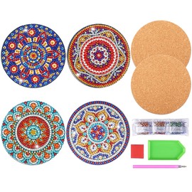 4 Pcs 5D DIY Diamond Crafts Painting Coasters + 1000Pcs Diamond (9 Color) + 2 Natural Cork Coaster +1 Clay Glue + 1 Painting Pen, Round Art Cup Drink Coaster with Mandala Pattern for Adult Craft
