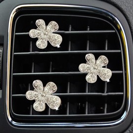 Daisy Air Vent Clips, 3 Pcs Cute Flower Crystal Rhinestone Car Air Conditioning Outlet Clip Vehicle Air Freshener Clip Charm Car Inter Decor Accessories for Women (Silver, 1.6inch)