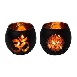 Glass Om Candle Holder Set - 2 Pcs Black Diwali Tea Light Cups